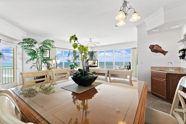 carpeted dining space with a healthy amount of sunlight, a water view, and crown molding