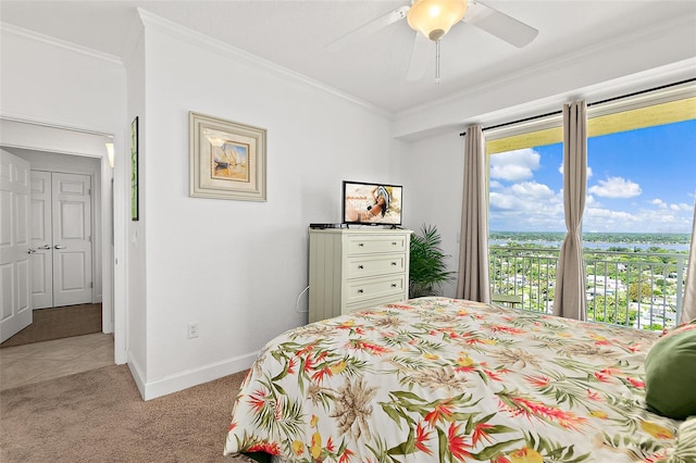 bedroom featuring ornamental molding, access to outside, light colored carpet, and ceiling fan