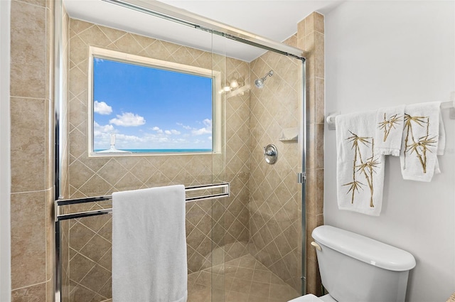 bathroom with an enclosed shower and toilet