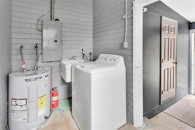 washroom featuring washer / clothes dryer, sink, electric panel, and water heater