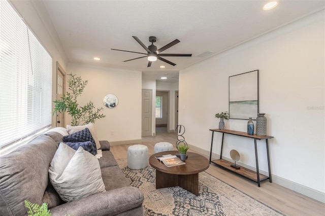 living room with ceiling fan, crown molding, and light hardwood / wood-style flooring