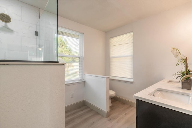 bathroom featuring a tile shower, hardwood / wood-style floors, vanity, and a healthy amount of sunlight