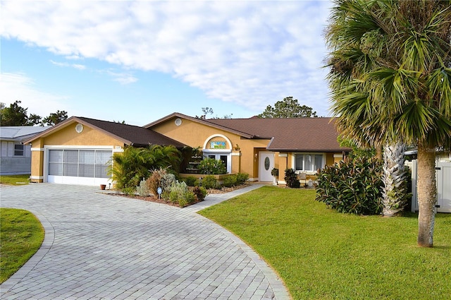 ranch-style house with a front lawn and a garage