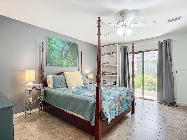 tiled bedroom with access to exterior and ceiling fan