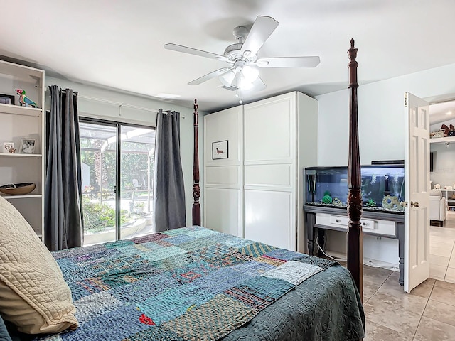 bedroom featuring ceiling fan, light tile patterned flooring, and access to exterior