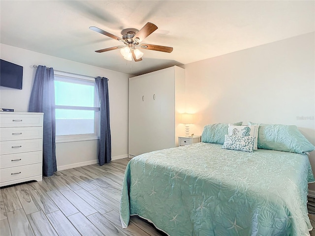 bedroom featuring ceiling fan and light hardwood / wood-style floors