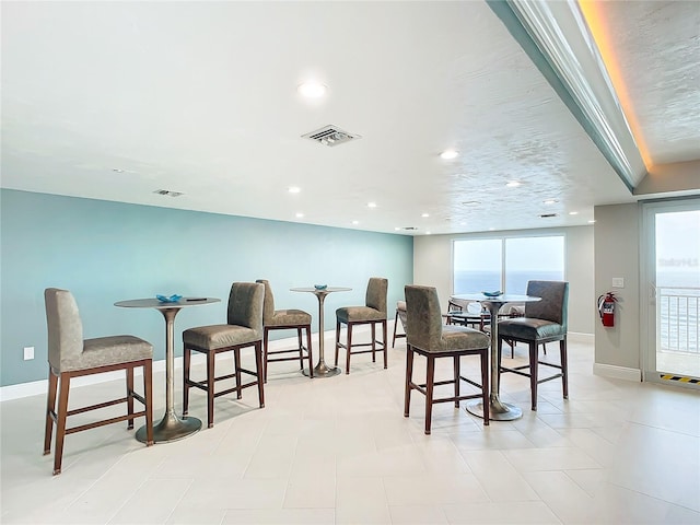 dining area with a water view