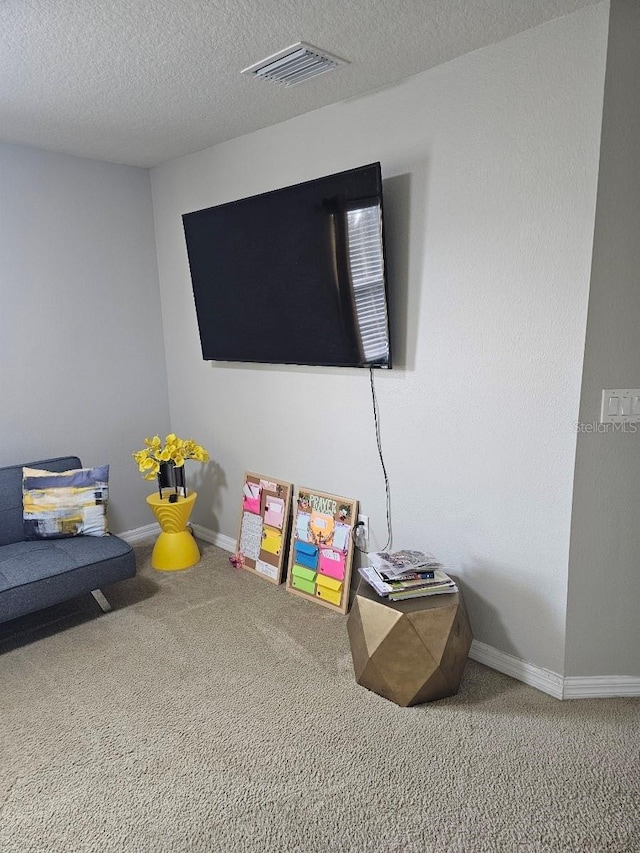 rec room with carpet flooring and a textured ceiling