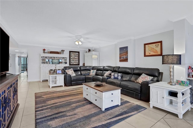 tiled living room with crown molding and ceiling fan