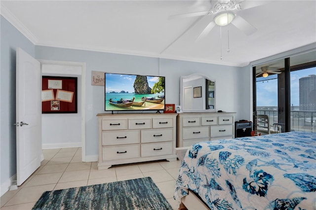 tiled bedroom with access to exterior, ceiling fan, and ornamental molding