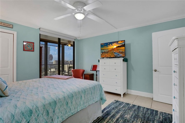 tiled bedroom with access to exterior, ceiling fan, and crown molding