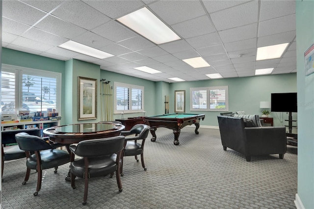 recreation room featuring a paneled ceiling, carpet floors, and billiards