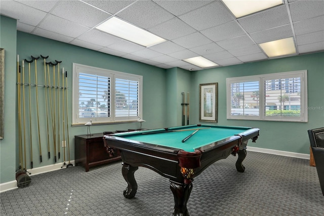 recreation room featuring a paneled ceiling, carpet floors, a wealth of natural light, and pool table