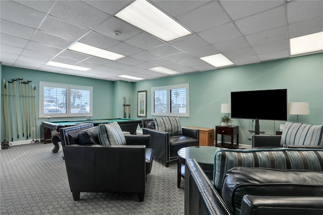 recreation room with a paneled ceiling, plenty of natural light, light colored carpet, and pool table