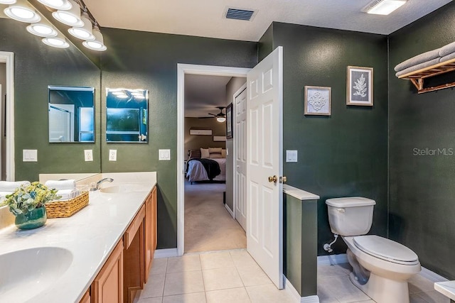 bathroom featuring tile patterned floors, ceiling fan, vanity, and toilet