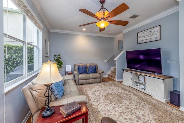 living room with hardwood / wood-style flooring, ceiling fan, and ornamental molding