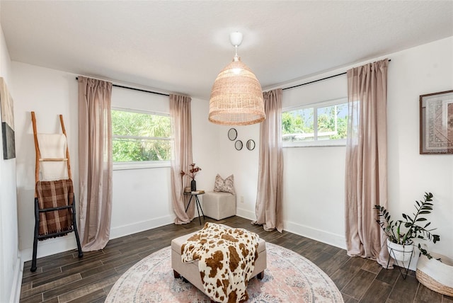 sitting room with dark hardwood / wood-style flooring and a textured ceiling