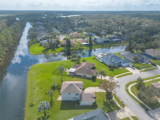 bird's eye view with a water view