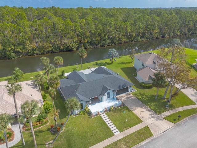 bird's eye view with a water view