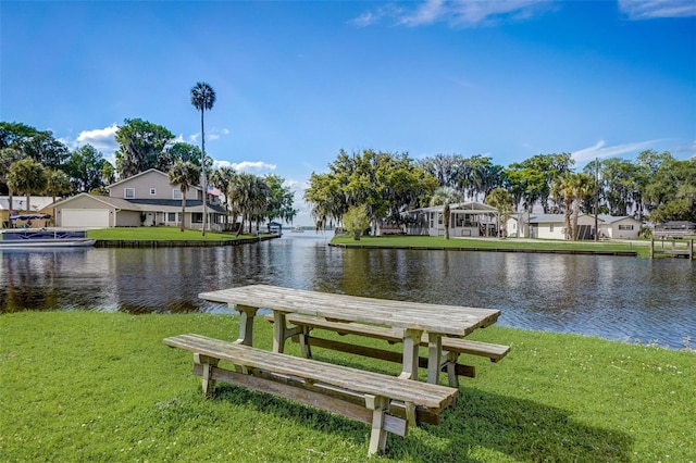 view of property's community featuring a water view and a yard