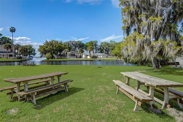 view of property's community featuring a water view and a yard