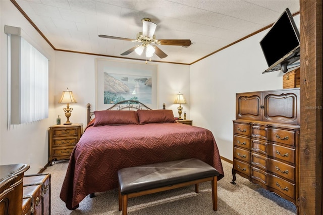 bedroom with ceiling fan, light carpet, and crown molding