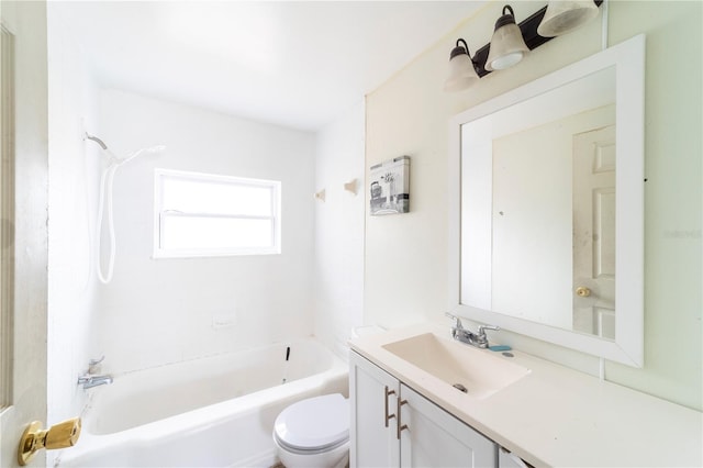 full bathroom featuring vanity, tub / shower combination, and toilet