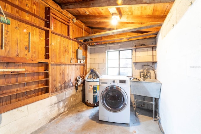 laundry room with washer / clothes dryer, wooden ceiling, and water heater