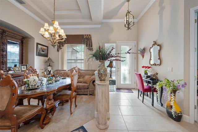 tiled dining space with a notable chandelier and ornamental molding