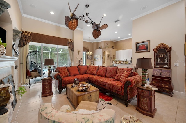 tiled living room with ornamental molding