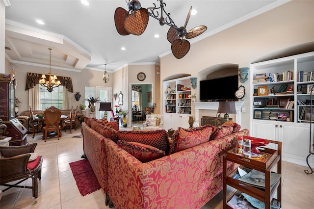 tiled living room with crown molding and a chandelier