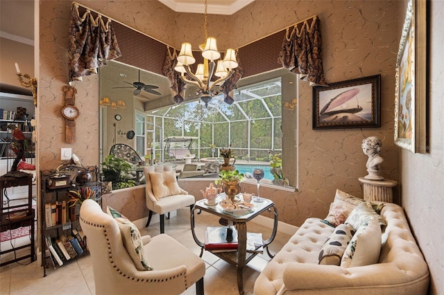 interior space with crown molding, light tile patterned floors, and ceiling fan with notable chandelier