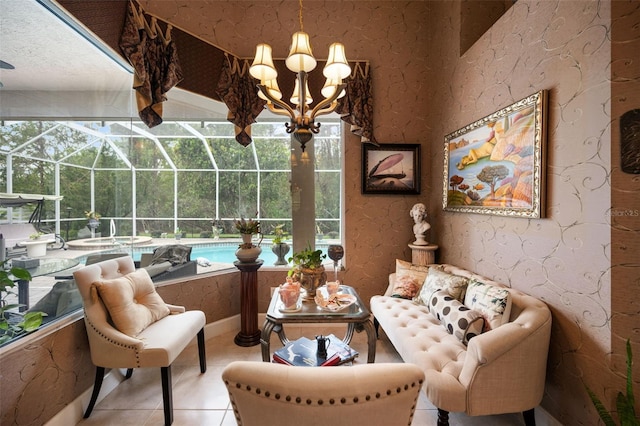 interior space with light tile patterned floors and a pool