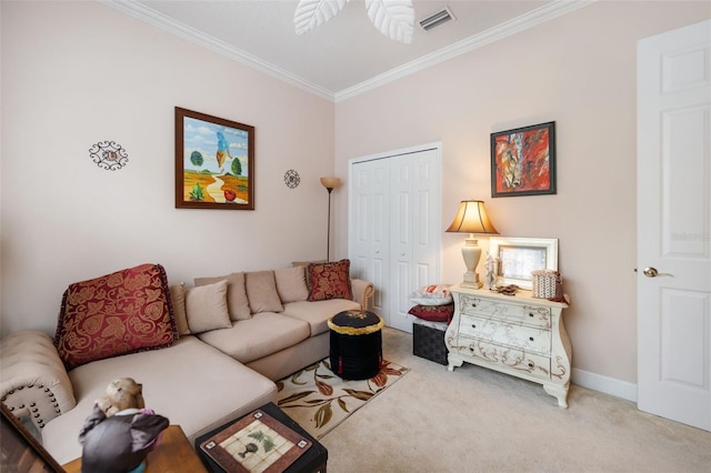 living room with light carpet and crown molding