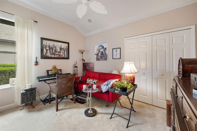 sitting room featuring light carpet, crown molding, ceiling fan, and lofted ceiling