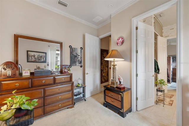 bedroom featuring light carpet and ornamental molding