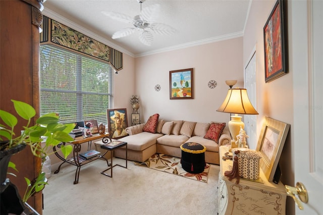 living room with carpet floors, ceiling fan, and ornamental molding