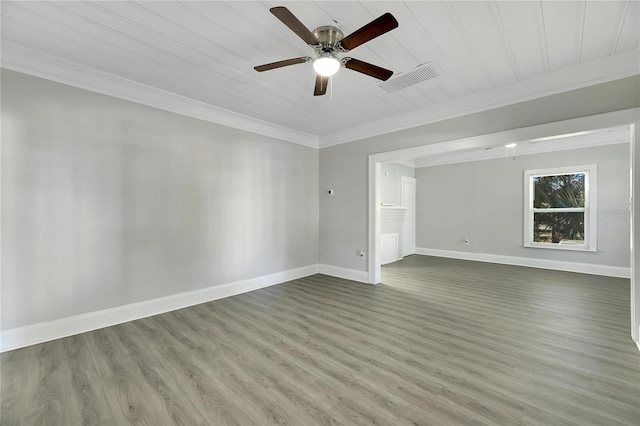 unfurnished room with crown molding, hardwood / wood-style floors, ceiling fan, and wooden ceiling