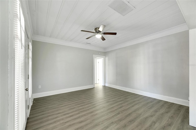 unfurnished room featuring wood ceiling, crown molding, ceiling fan, and dark wood-type flooring