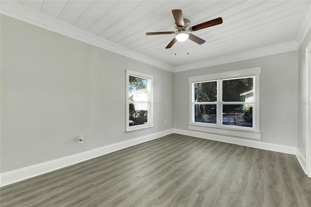 spare room with wood-type flooring, ceiling fan, and ornamental molding