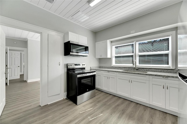 907 E N Bay St, Tampa, FL 33603 - kitchen featuring stainless steel appliances, a sink, white cabinets, light wood-style floors, and wood ceiling