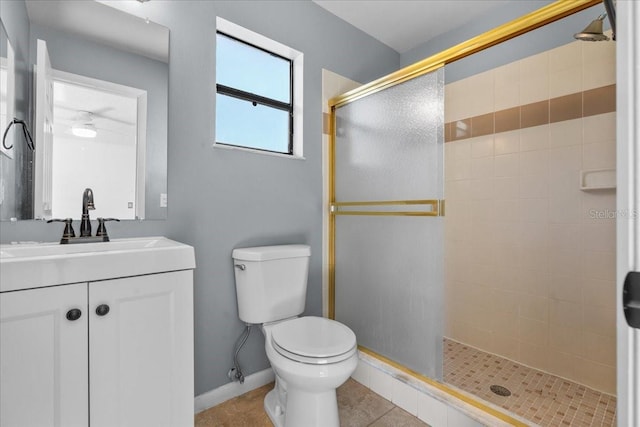 bathroom featuring tile patterned flooring, vanity, toilet, and an enclosed shower