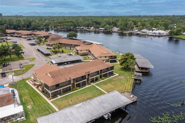 drone / aerial view with a water view