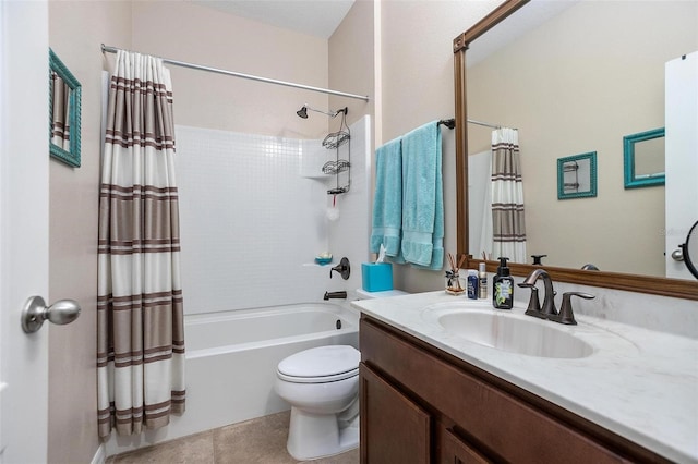 full bathroom with shower / bath combination with curtain, vanity, toilet, and tile patterned floors