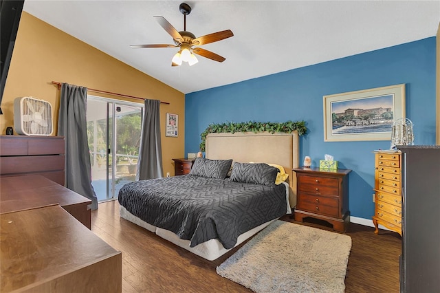 bedroom with ceiling fan, dark hardwood / wood-style floors, access to outside, and vaulted ceiling