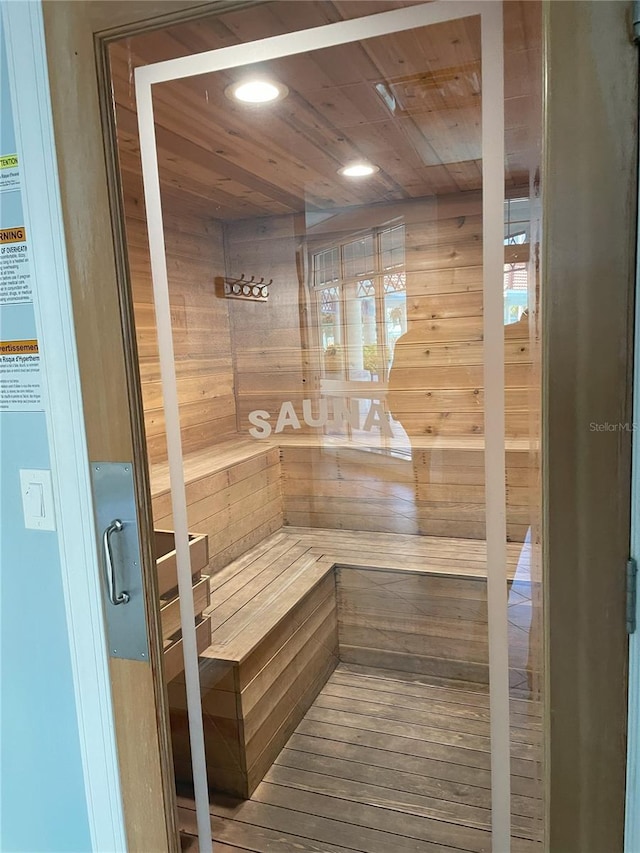 view of sauna featuring wood-type flooring