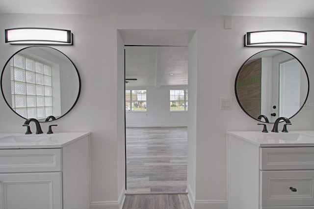 bathroom with vanity and wood-type flooring