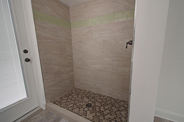 bathroom with a tile shower and hardwood / wood-style flooring