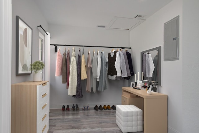 walk in closet featuring dark hardwood / wood-style floors and electric panel