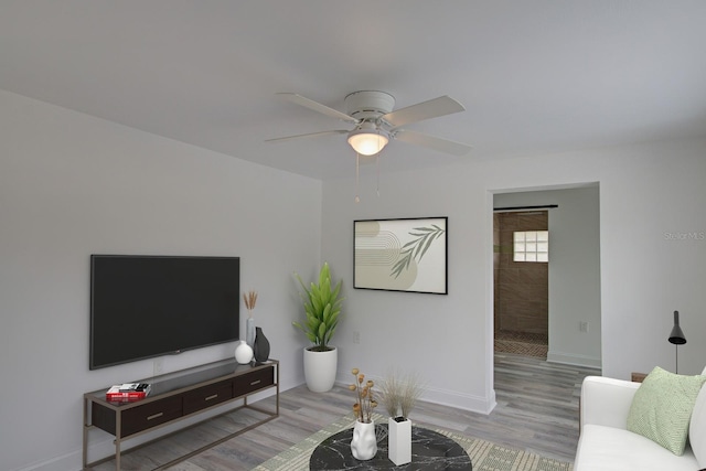 living room with ceiling fan and light hardwood / wood-style flooring